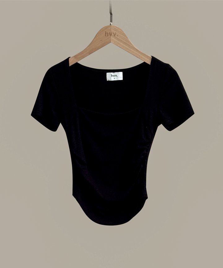 Mavis Ruched Square Neck Top - Black