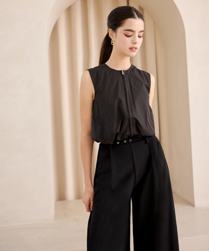 Poplin Zip Up Utility Top - Black