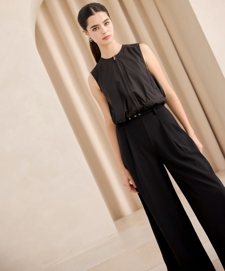 Poplin Zip Up Utility Top - Black