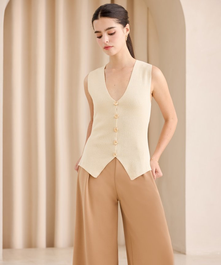 Rebecca Button Down Knit Vest - Sand