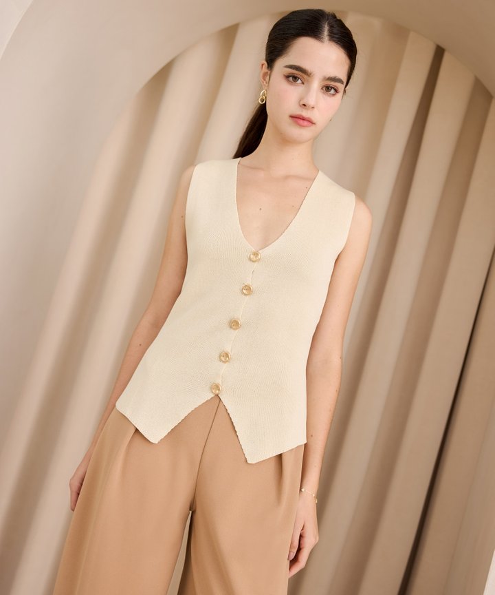 Rebecca Button Down Knit Vest - Sand