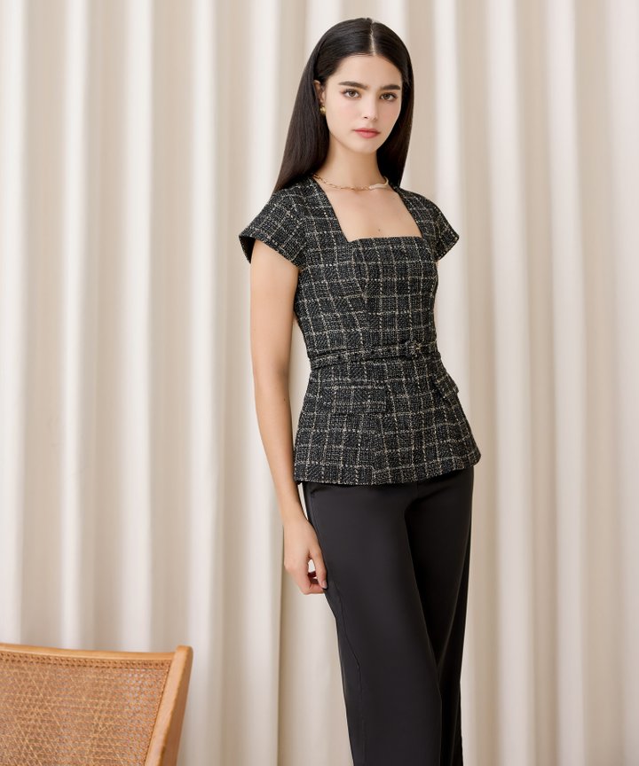 Hepburn Tweed Peplum Top - Black