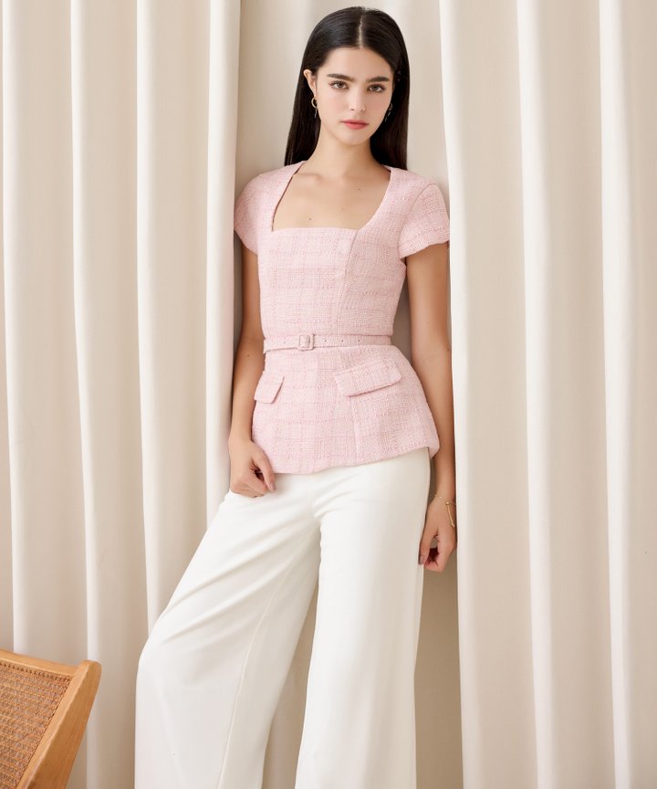 Hepburn Tweed Peplum Top - Pink