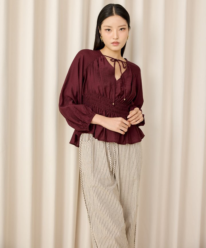 Adrienne Smocked Blouse - Burgundy