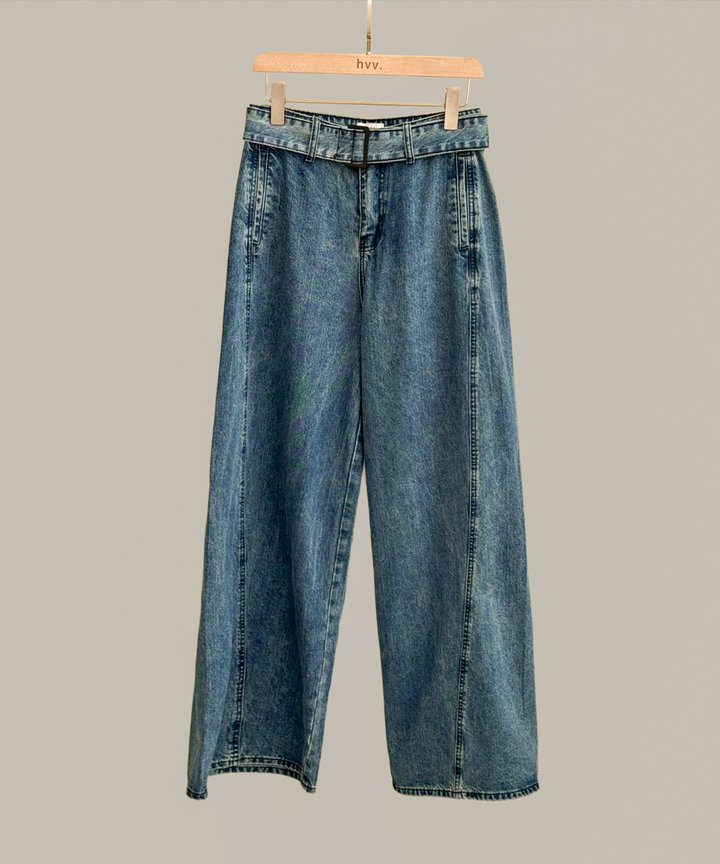 Moto Flared Belted Jeans - Med Wash