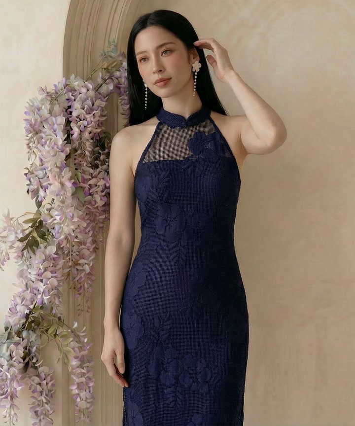 [HVVCNY2026] Portrait Floral Mesh Cheongsam - Midnight Blue