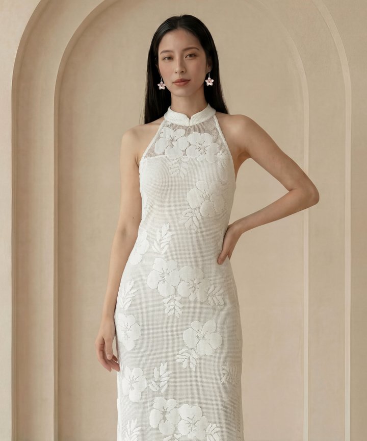 [HVVCNY2026] Portrait Floral Mesh Cheongsam - White