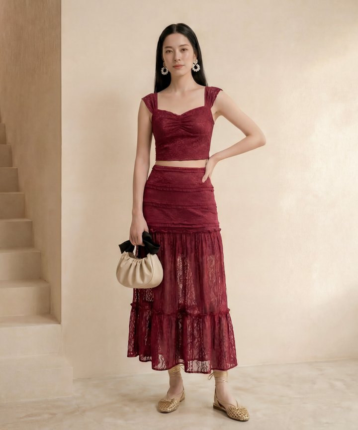 [HVVCNY2026] Chantilly Lace Maxi Skirt - Wine