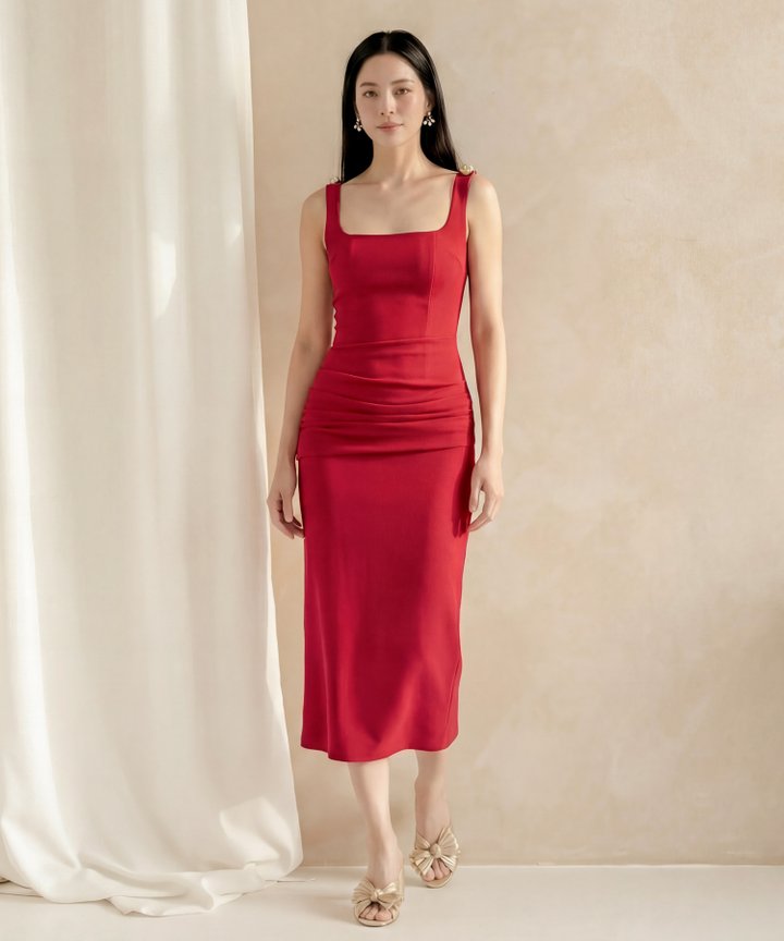 [HVVCNY2026] Solange Buckle Ruched Midi - Cherry