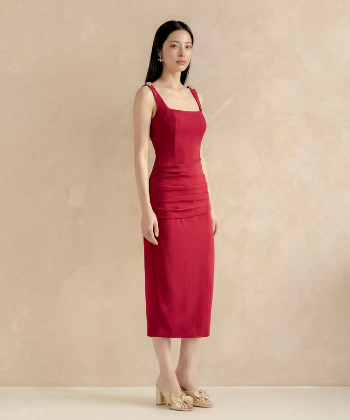 [HVVCNY2026] Solange Buckle Ruched Midi - Cherry