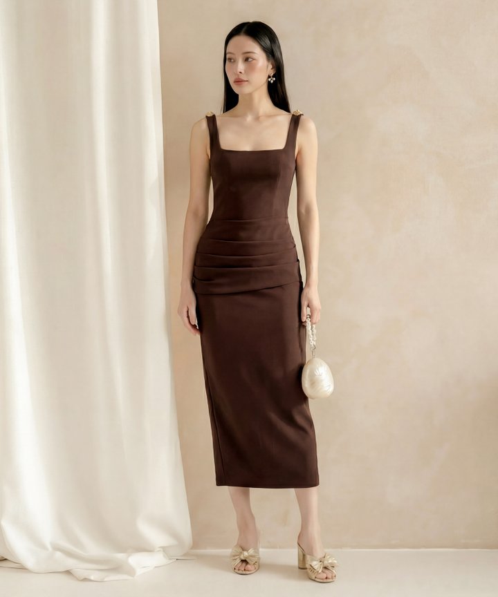 [HVVCNY2026] Solange Buckle Ruched Midi - Espresso