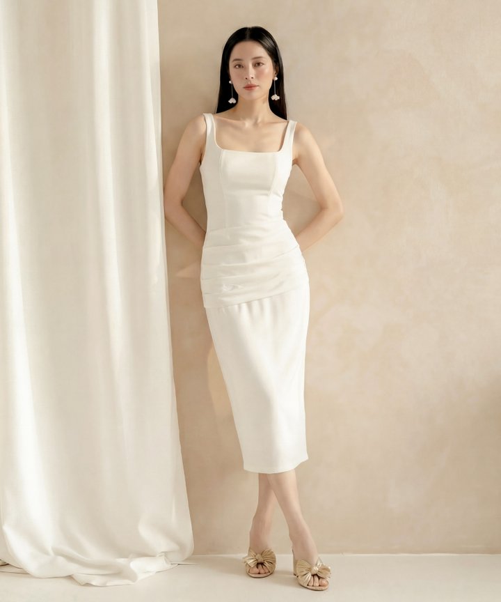 [HVVCNY2026] Solange Buckle Ruched Midi - White