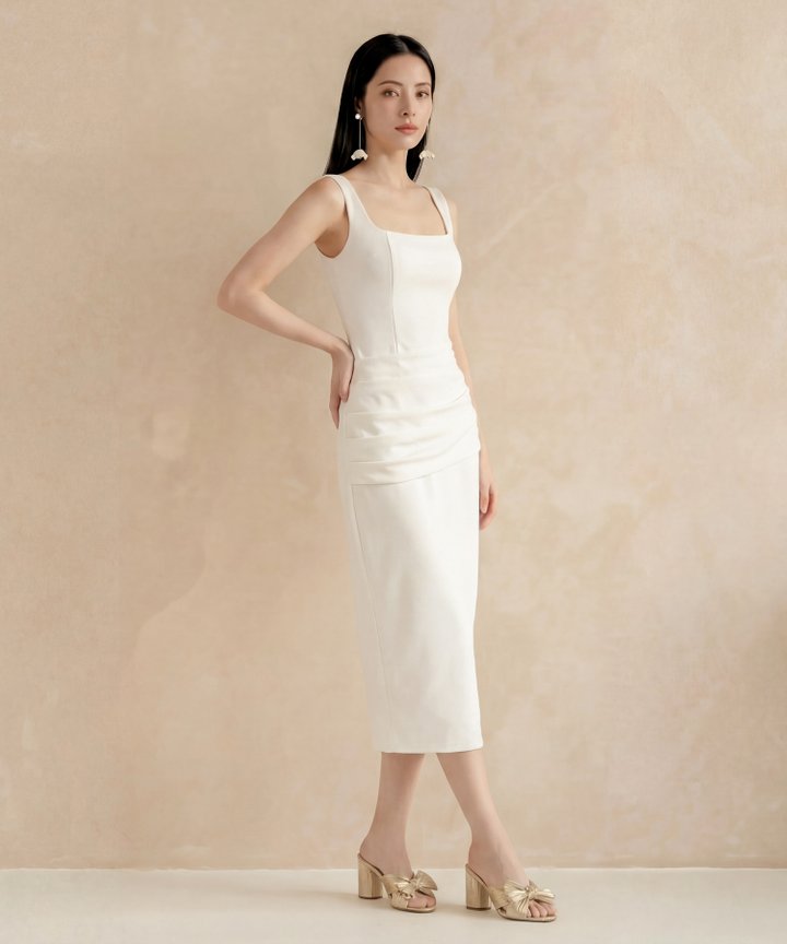 [HVVCNY2026] Solange Buckle Ruched Midi - White