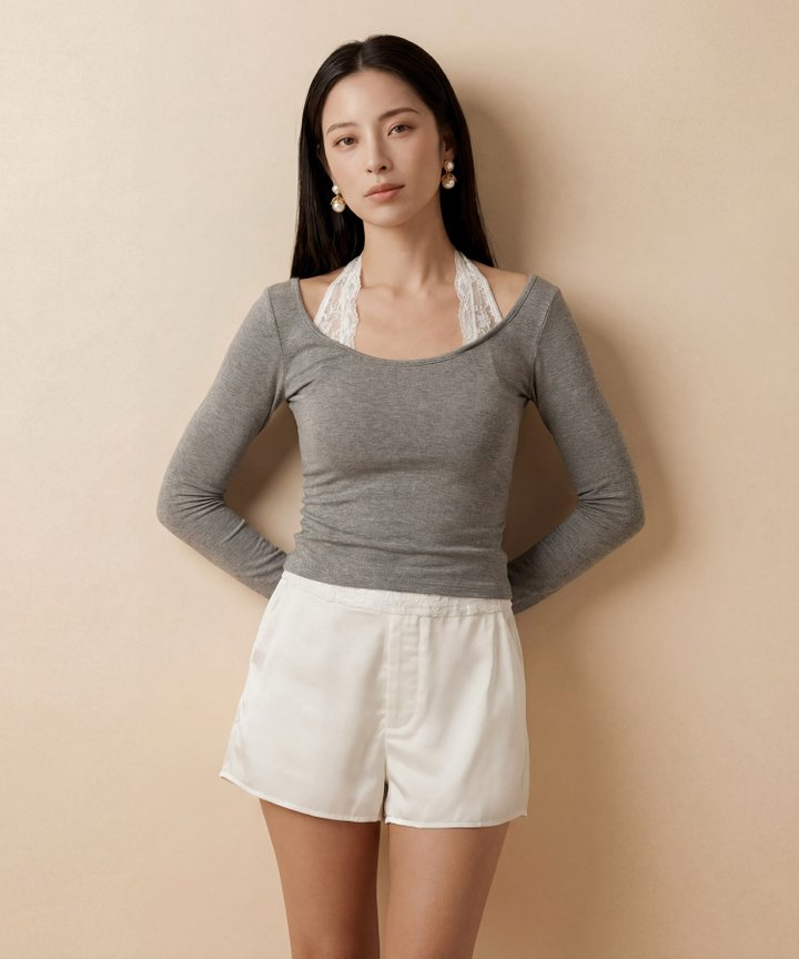 Trina Lace Overlay Top - Grey