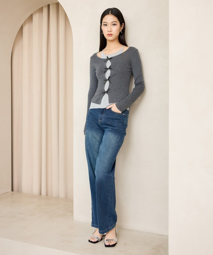 Amelie Ribbon Knit Top - Dark Grey