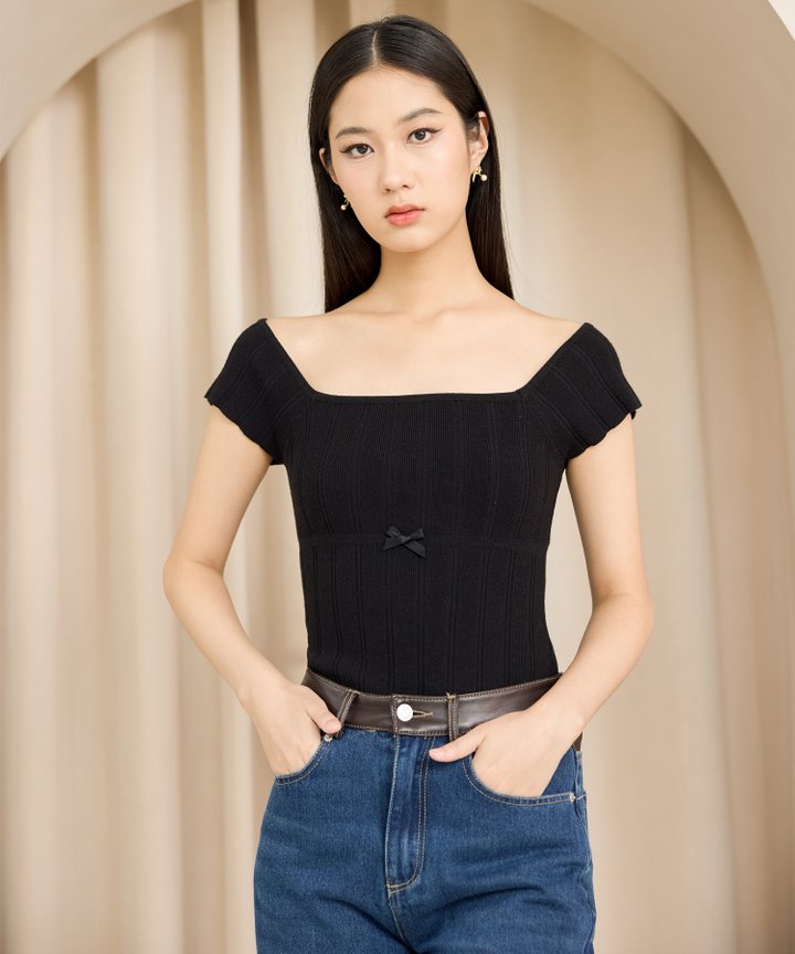 Brulee Bow Knit Top - Black