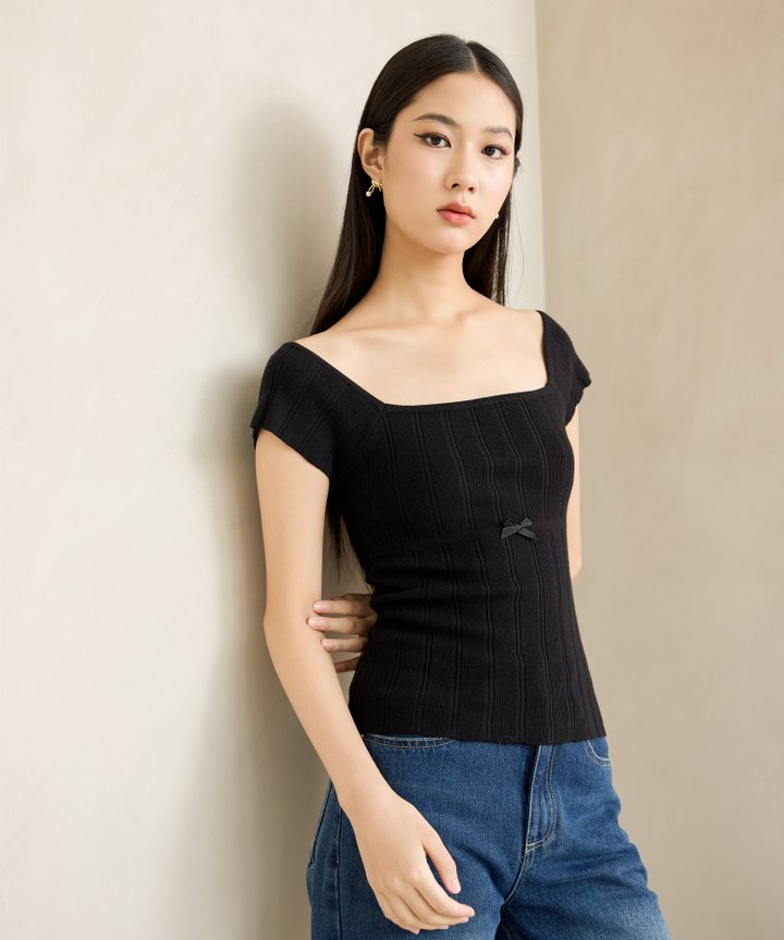 Brulee Bow Knit Top - Black