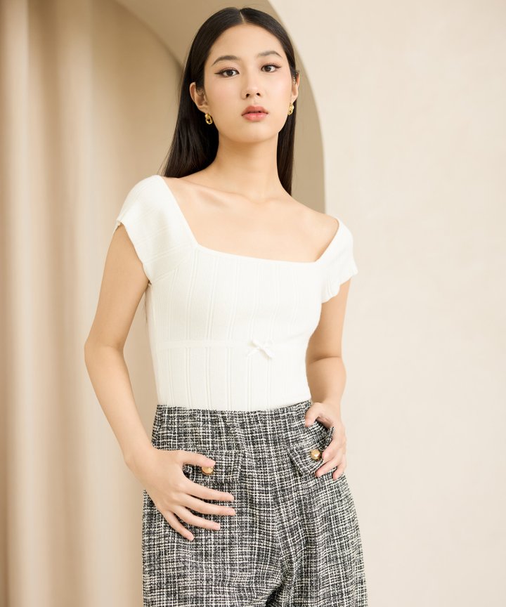 Brulee Bow Knit Top - White