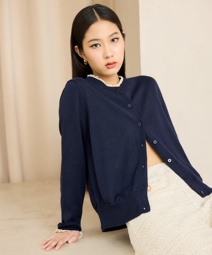 Carmen Lace Trim Cardigan - Navy