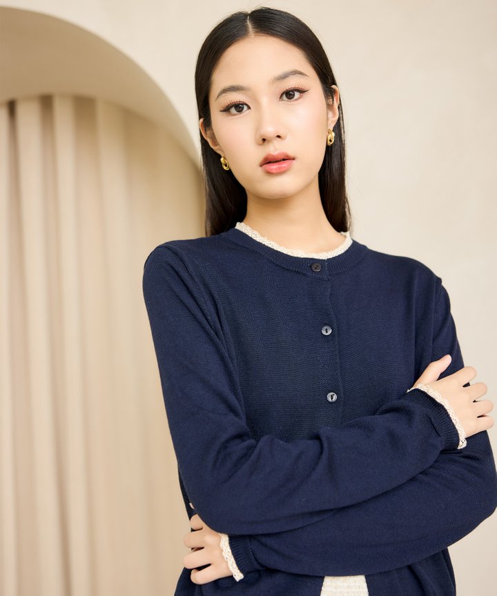 Carmen Lace Trim Cardigan - Navy