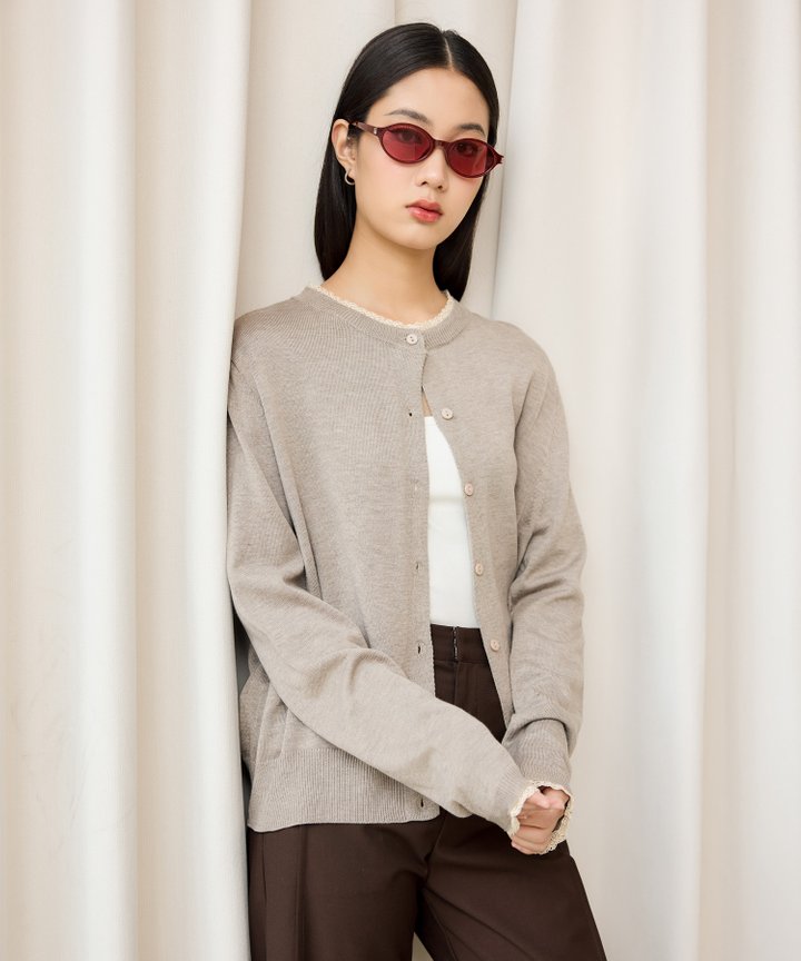 Carmen Lace Trim Cardigan - Taupe