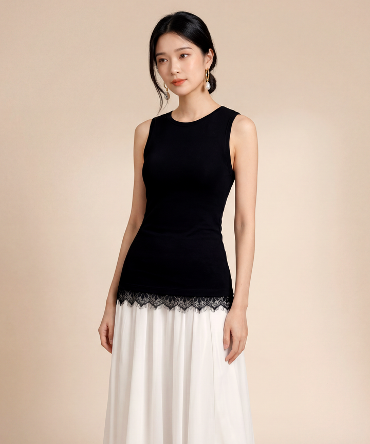 Kristal Lace Accent Tank - Black