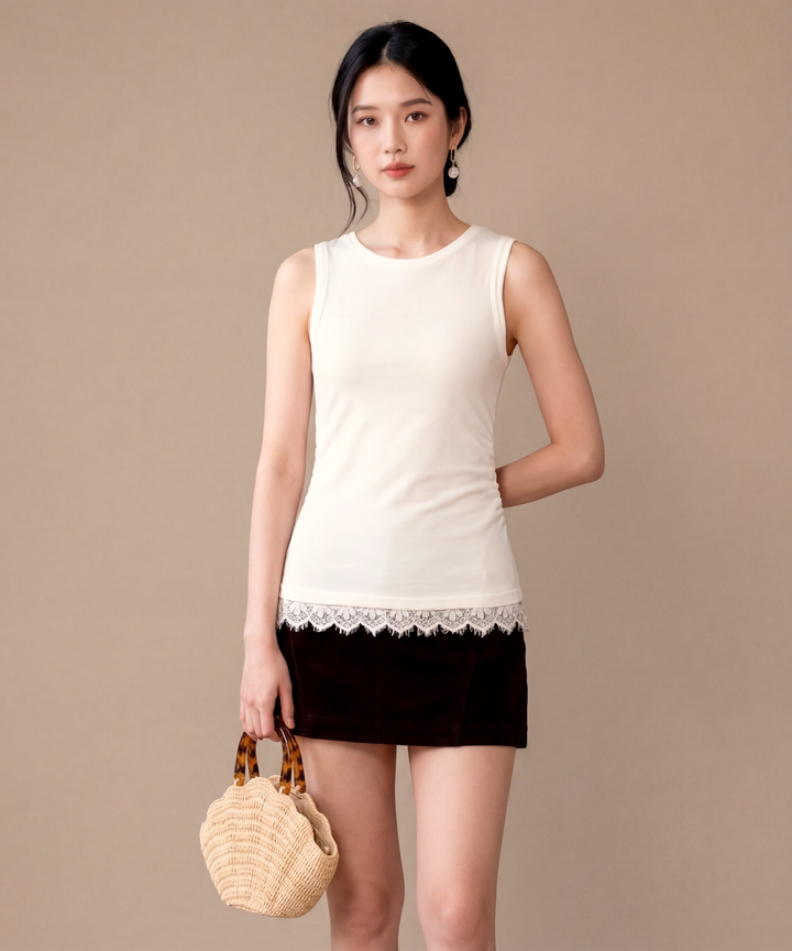 Kristal Lace Accent Tank - Ivory
