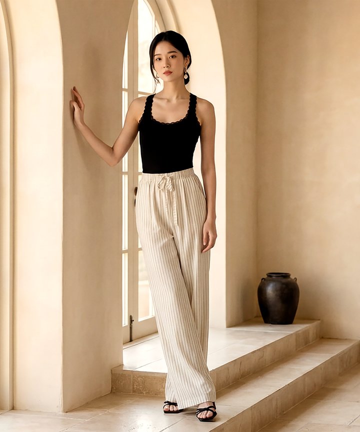 Jude Striped Drawstring Pants - White