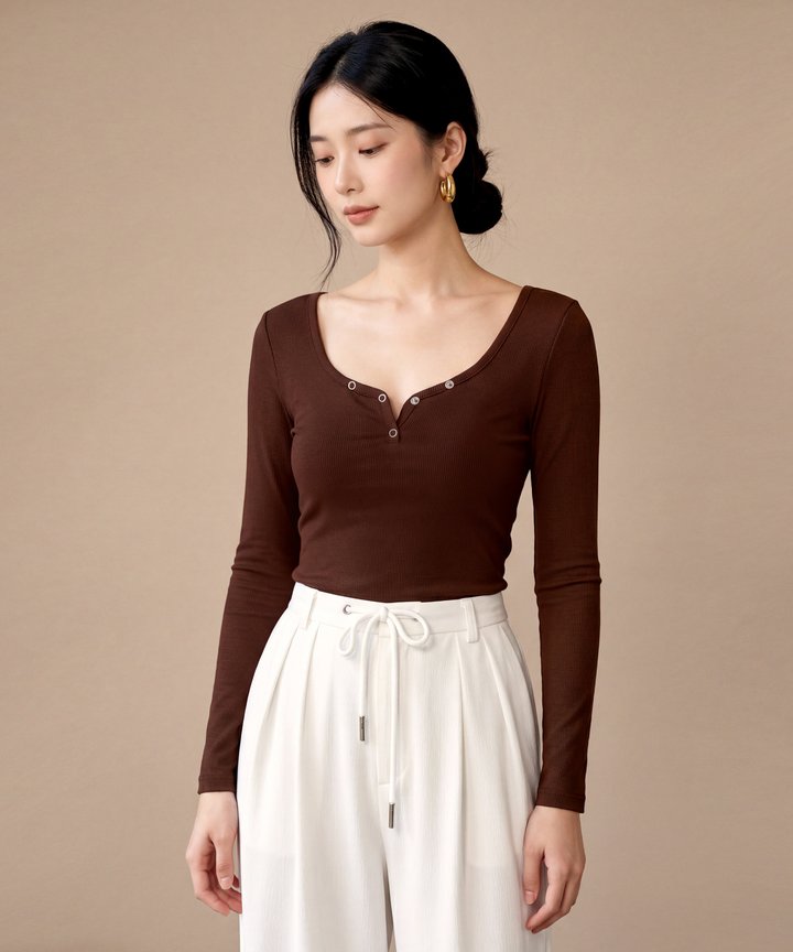 Etta Button-Detail Top - Chocolate