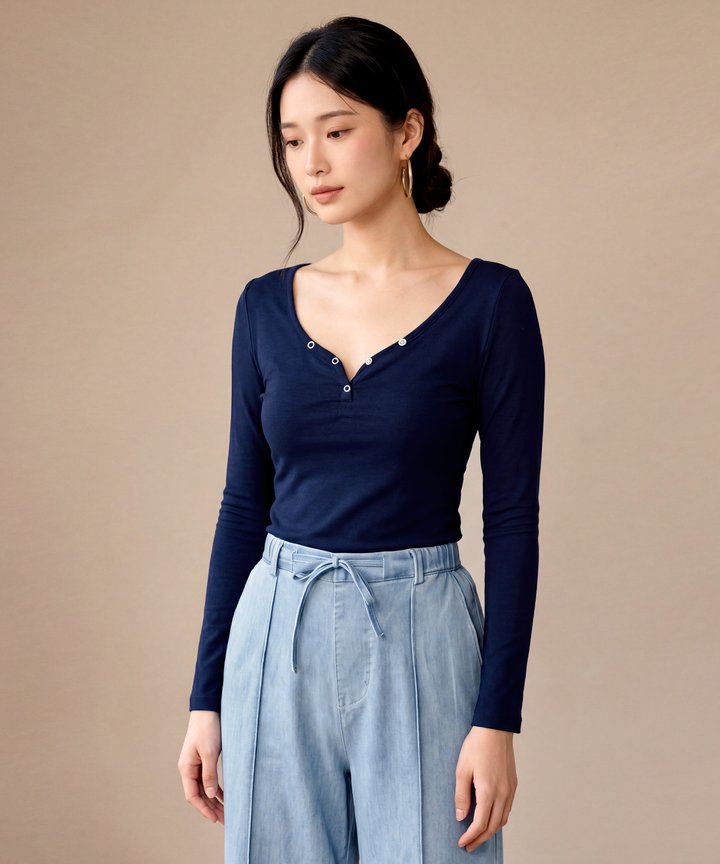 Etta Button-Detail Top - Navy