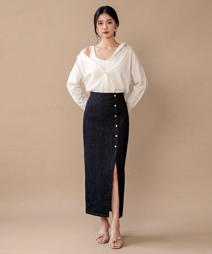 Astrid Denim Midi Skirt - Ash Black