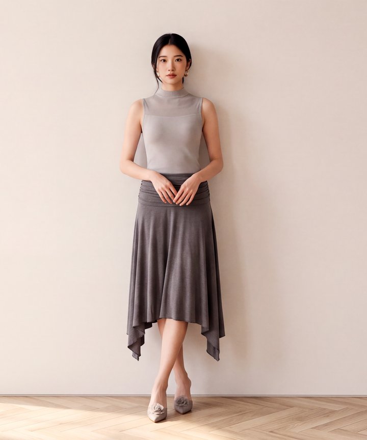 Pointelle Asymmetrical Skirt - Grey