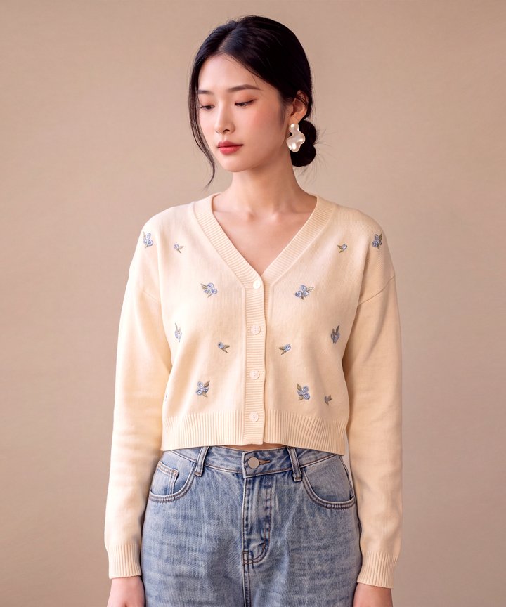 Flower Fields Embroidered Cardigan - Cream (Preorder)