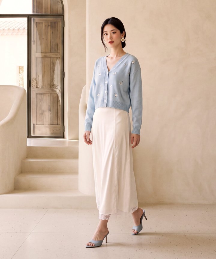 Flower Fields Embroidered Cardigan - Summer Blue (Preorder)