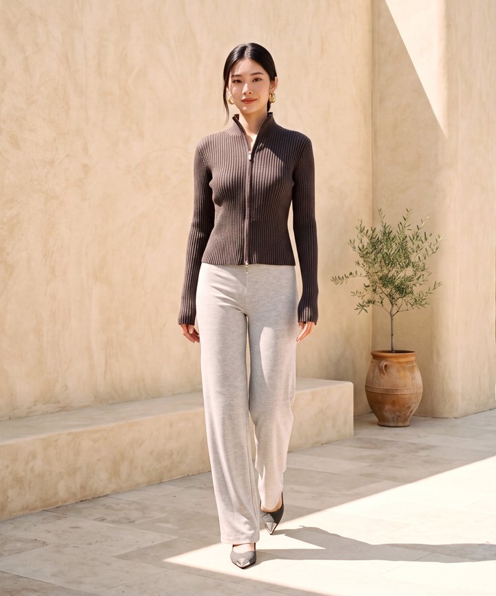 Polo Zip Cardigan - Grey