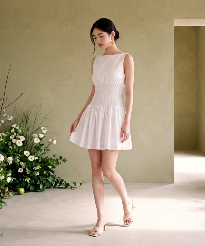 Anja Smocked Linen Dress - White