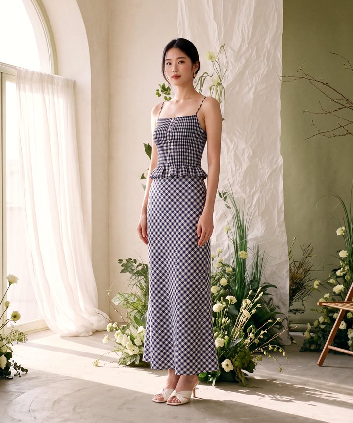 Meadow Gingham Smocked Top - Navy