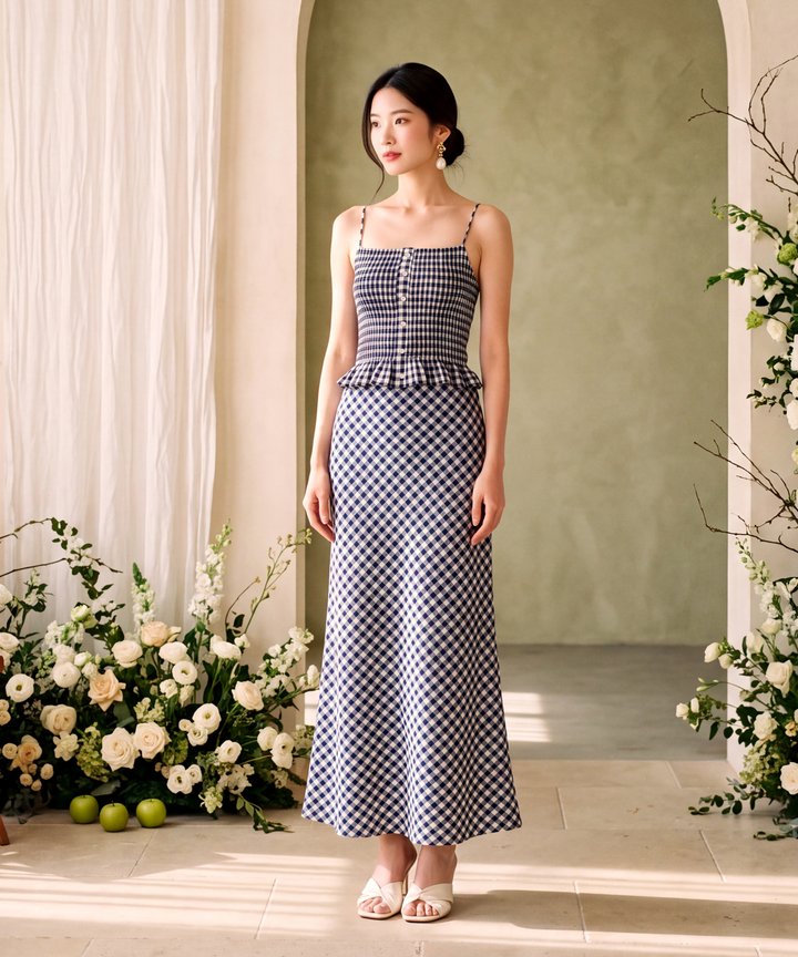 Meadow Gingham Smocked Top - Navy