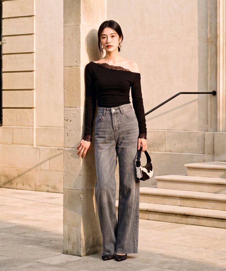 Nightfall Lace Trim One Shoulder Top - Black (Backorder)