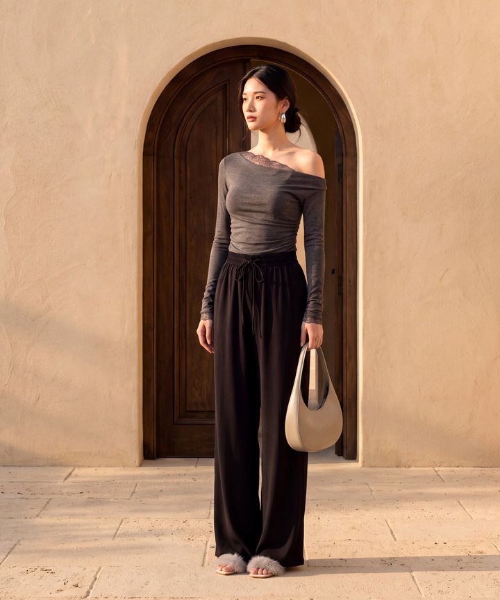 Nightfall Lace Trim One Shoulder Top - Dark Grey (Backorder)