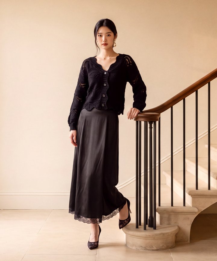 Opal Scallop Cardigan - Black (Preorder)