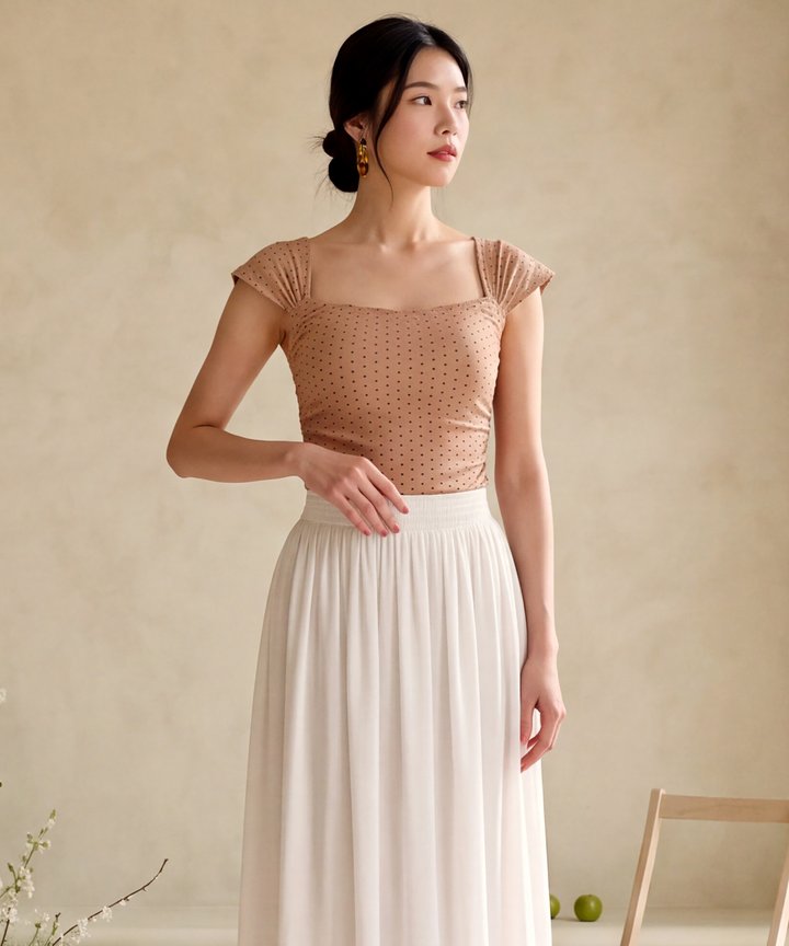 Polka Dot Ruched Top - Tan