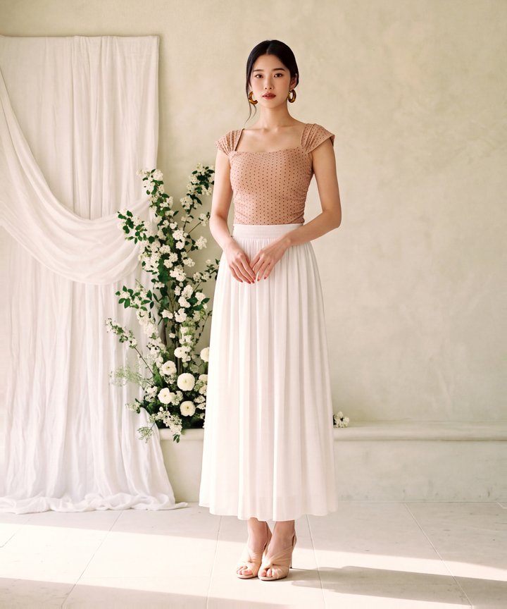 Polka Dot Ruched Top - Tan