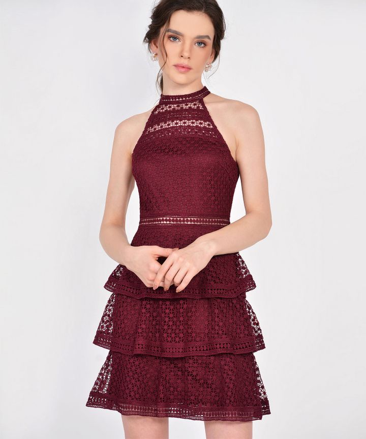 Berry lace panel shop tiered bodycon dress