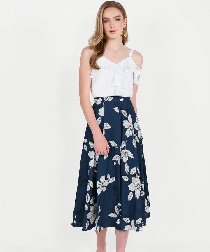 Vines Floral Midi Skirt - Navy
