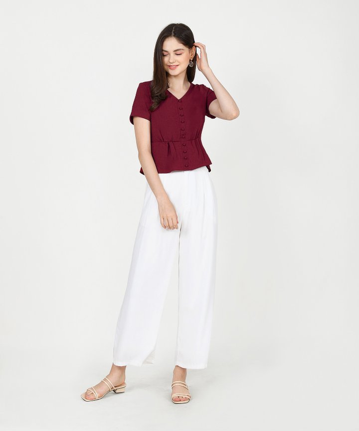 Bellini Linen Peplum Blouse - Wine