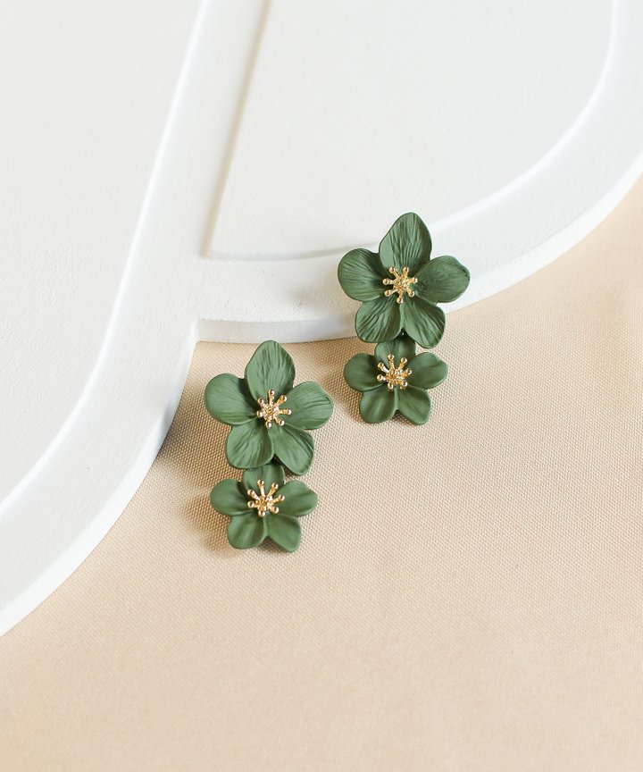 Hialeah Floral Tiered Earrings - Forest Green (Restock)