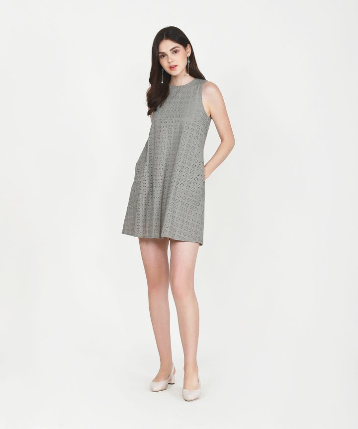 Basque Eyelet Shift Dress - Stone Grey