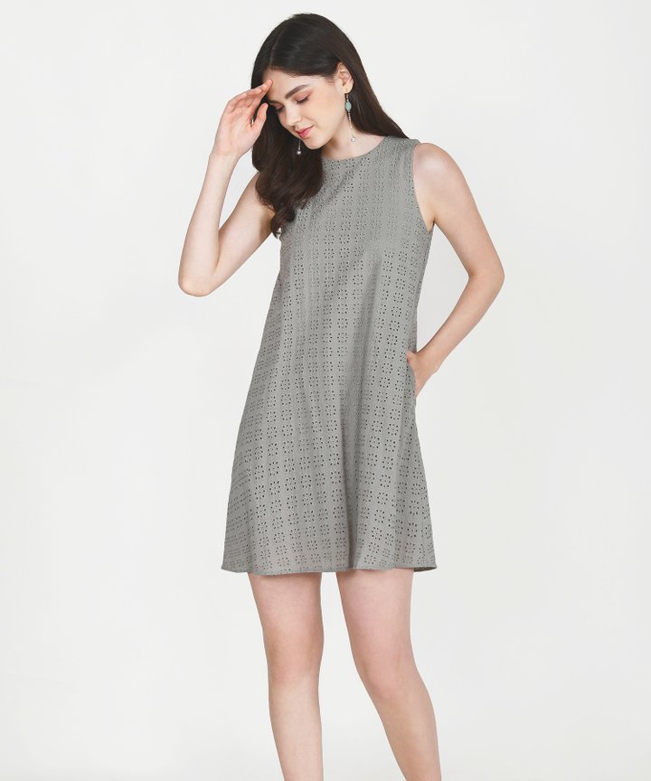 Basque Eyelet Shift Dress - Stone Grey