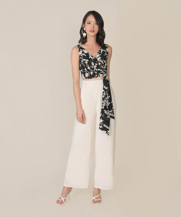 Azure Floral Wrapped Cropped Top - Black